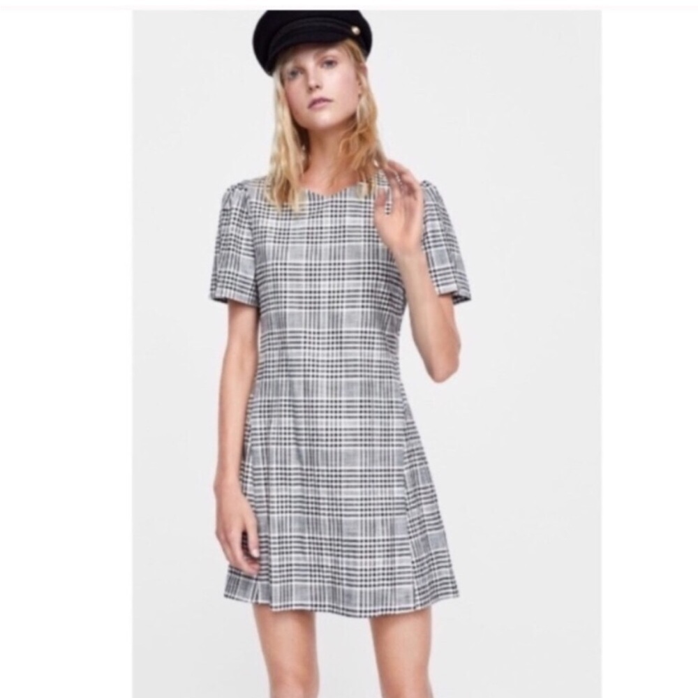 Zara Glen plaid dress short mini preppy grunge academia houndstooth sz XS shirt